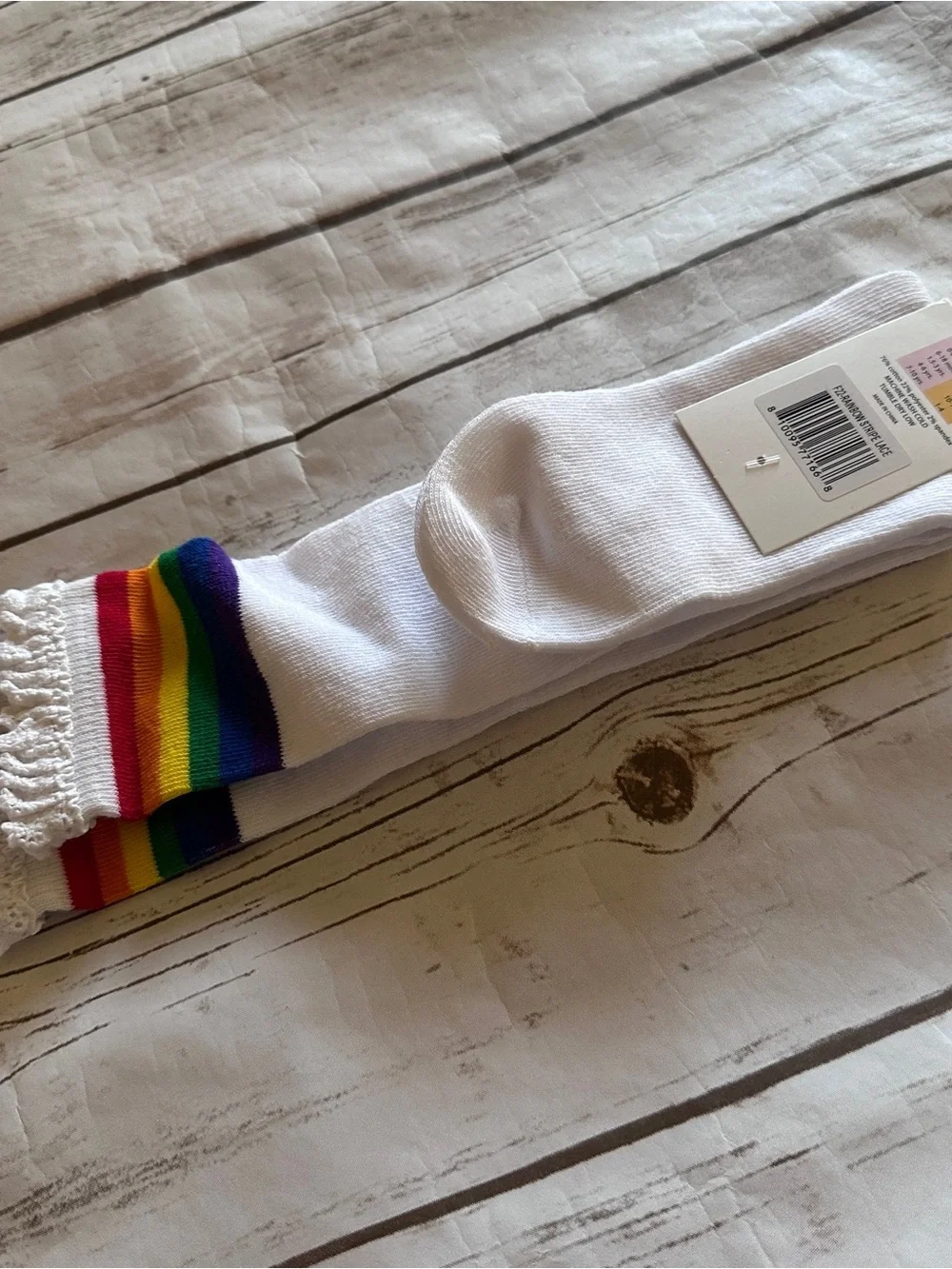 Little Stocking Co. White Knee High Socks with Rainbow Stripes